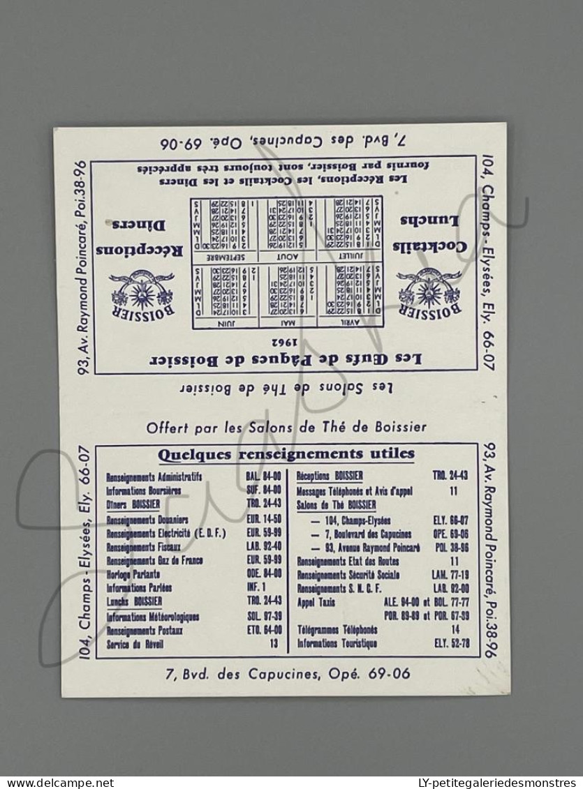 #PUB34 - Boissier Confiseur De Paris - Petit Calendrier 1961 1962 Chocolat Au Whisky Œufs De Pâque - Pliable Publicité - Petit Format : 1961-70