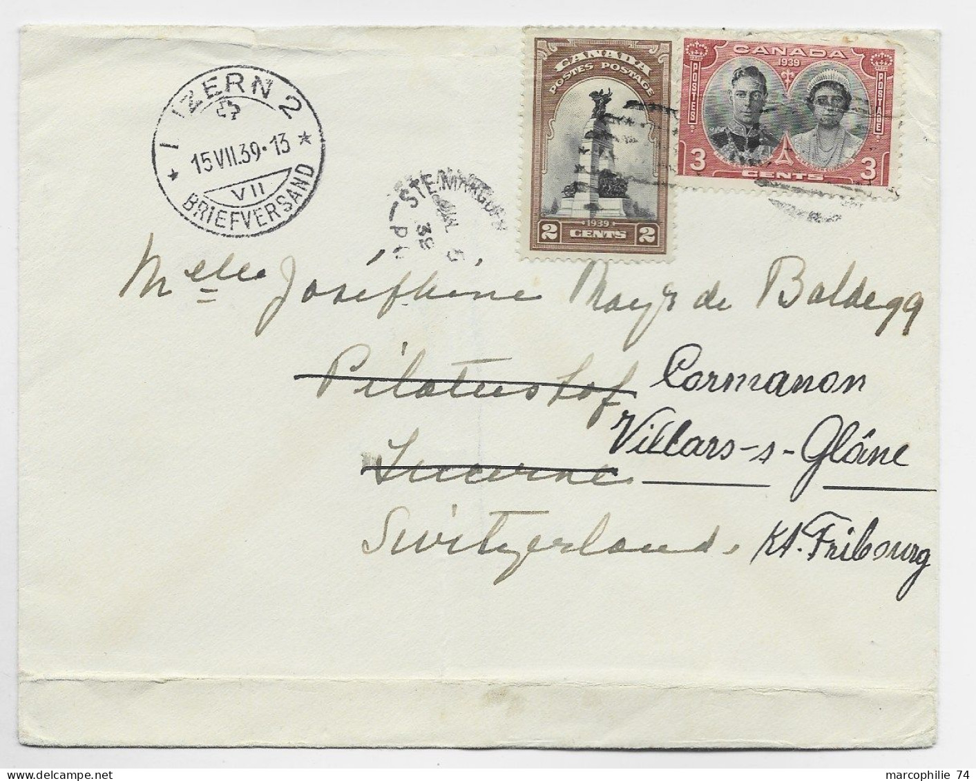 CANADA 2C+3C LETTRE COVER VERSO THE ALPINE INN ST MARGUERITE STATION QUEBEC 1939 TO SUISSE - Covers & Documents