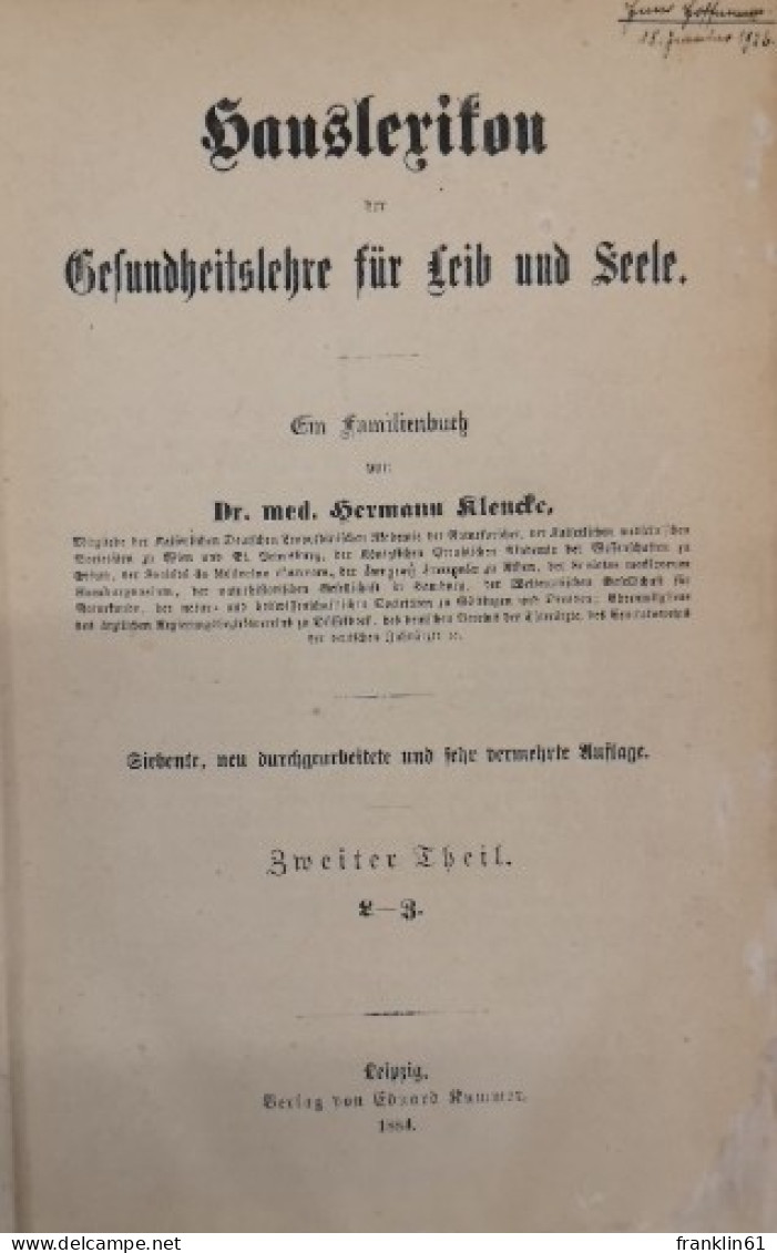 Hauslexikon Der Gesundheitslehre Für Leib Und Seele. Ein Familienbuch. Zweiter Theil. L - Z. - Lexiques