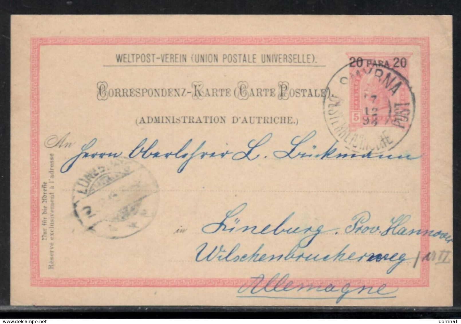 Smyrna 1894 - Austria Levant 20para Stationery Postcard In Ottman Turkey - 1837-1914 Smyrne