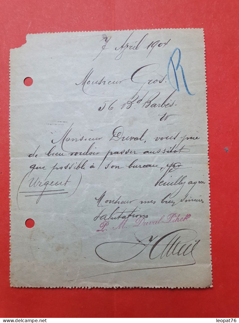 Carte Pneumatique ( Carte Lettre ) De Paris Pour Paris En 1904 - N 222 - Pneumatische Post