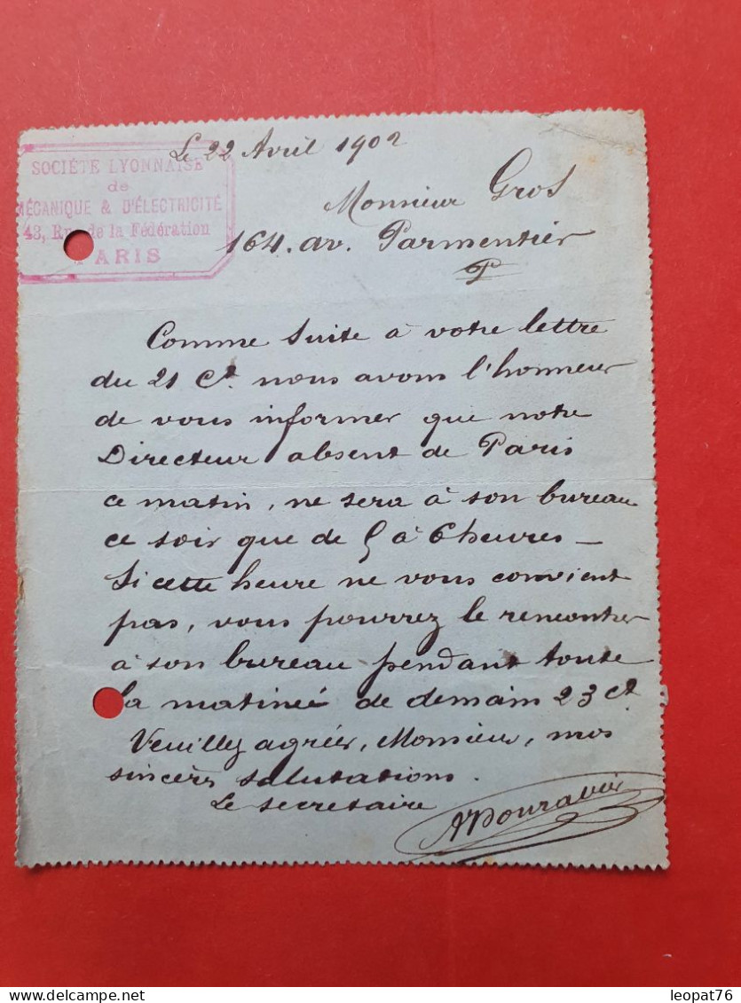 Carte Pneumatique ( Carte Lettre ) De Paris Pour Paris En 1902 - N 224 - Pneumatici