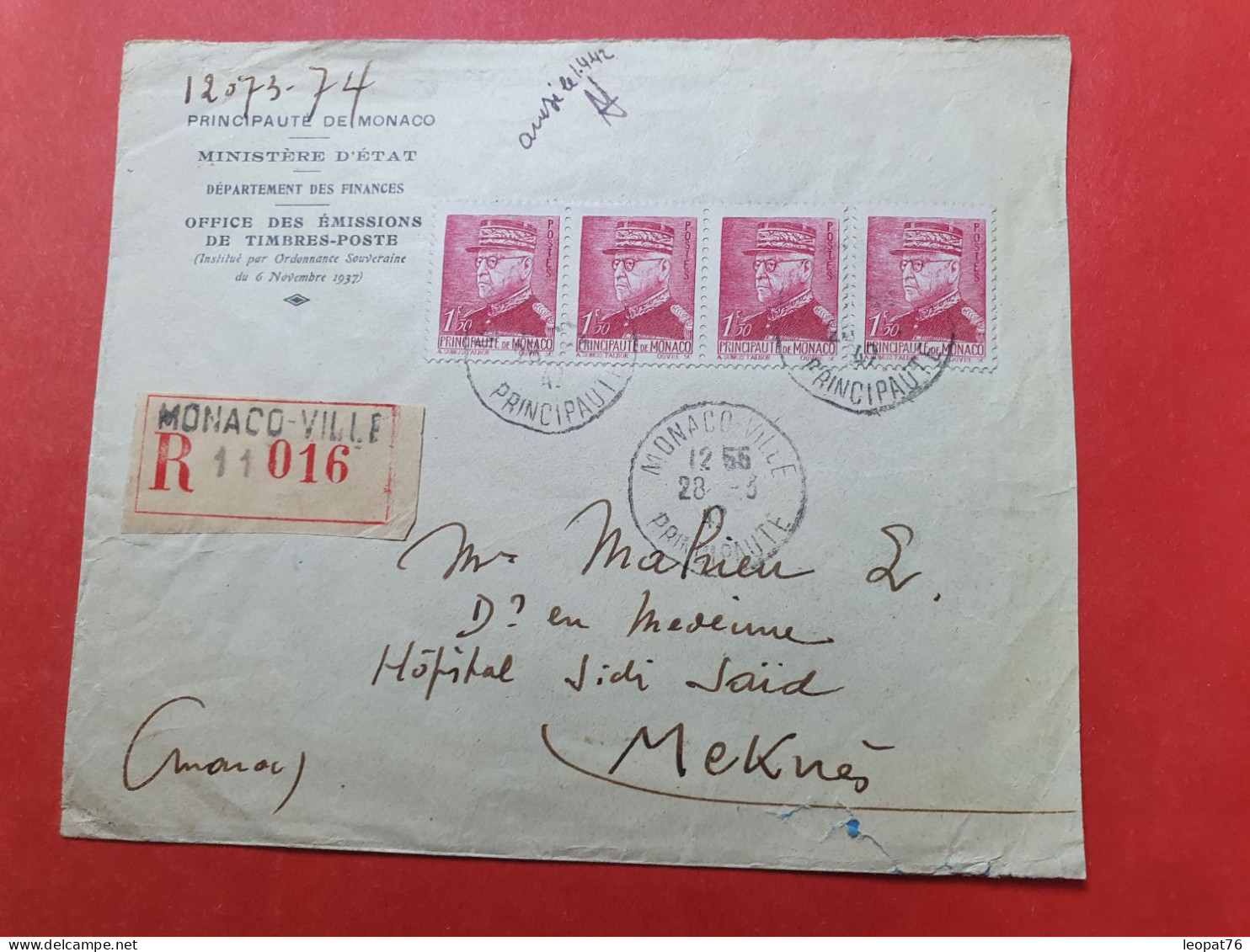 Monaco - Enveloppe En Recommandé De L'Office Des Timbres Poste De Monaco Pour Meknès En 1942 - N 244 - Storia Postale