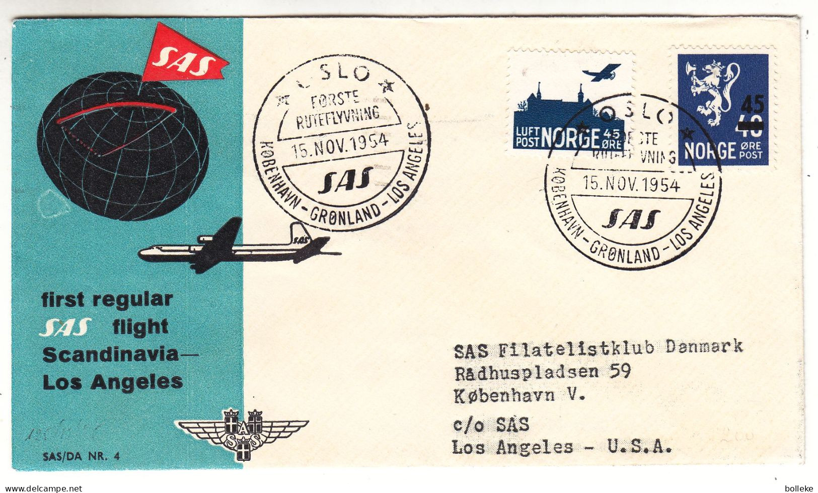 Norvège - Lettre De 1954 - Oblit Oslo - Exp Vers Los Angeles - 1 Er Vol SAS Kobenhavn Gronland Los Angeles - - Brieven En Documenten