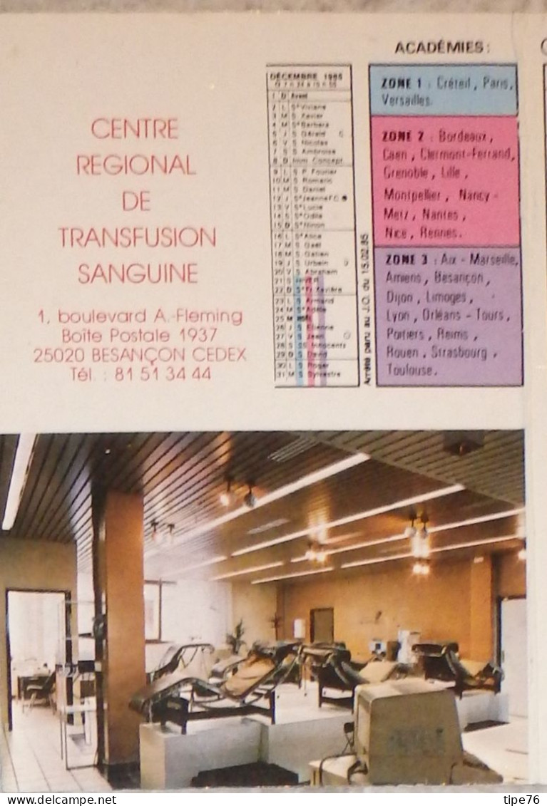 Petit Calendrier Poche 1986 Don Du Sang Centre Régional De Transfusion Sanguine Besançon Doubs - Small : 1981-90