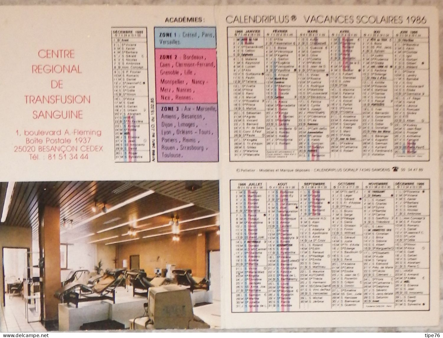 Petit Calendrier Poche 1986 Don Du Sang Centre Régional De Transfusion Sanguine Besançon Doubs - Small : 1981-90