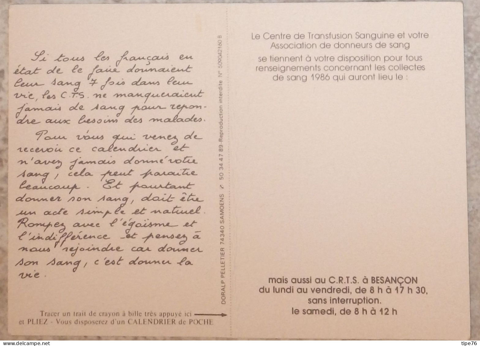 Petit Calendrier Poche 1986 Don Du Sang Centre Régional De Transfusion Sanguine Besançon Doubs - Small : 1981-90