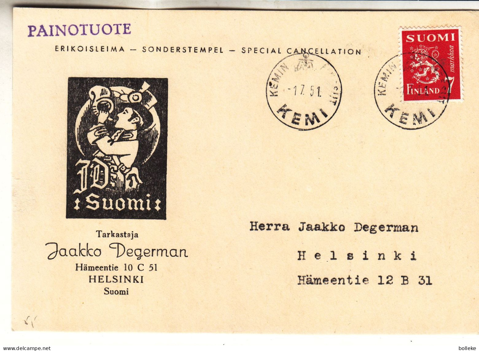 Finlande - Carte Postale De 1951 - Oblit Kemi - - Covers & Documents