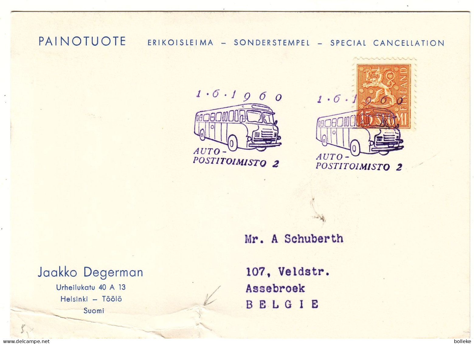 Finlande - Carte Postale De 1960 - Oblit Auto Postitoimisto 2 - - Storia Postale