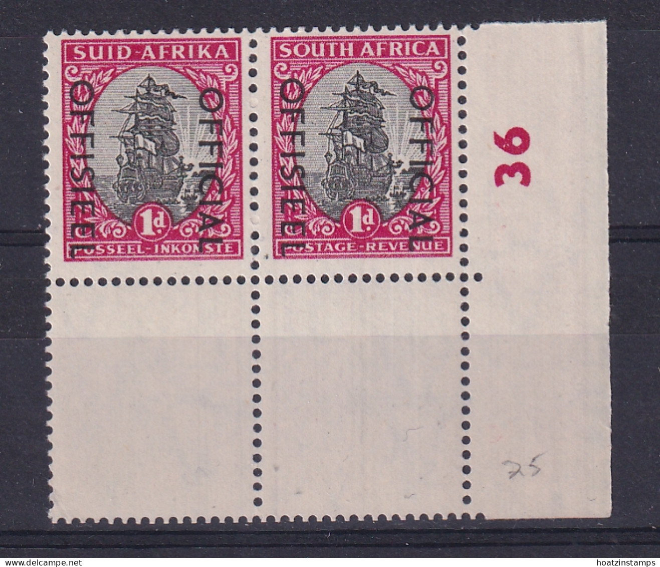 South Africa: 1950/54   Official - Ship   SG O43    1d   Grey & Carmine  [reduced Size]  MNH Pair - Servizio