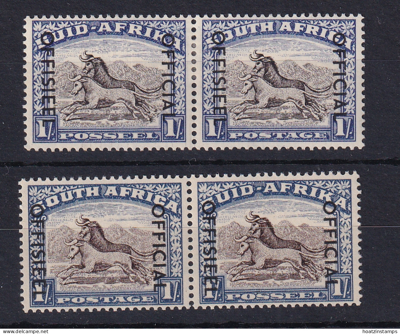 South Africa: 1950/54   Official - Wildebeest   SG O47 / O47a   1/-    MH Pair - Servizio