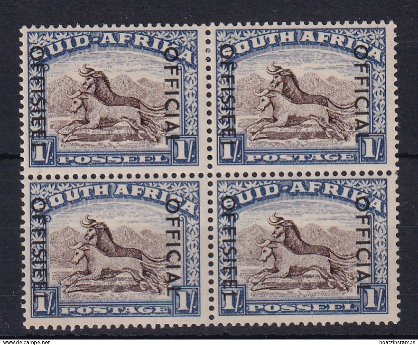 South Africa: 1950/54   Official - Wildebeest   SG O47a    1/-    Blackish Brown & Ultramarine  MNH Block Of 4 - Service
