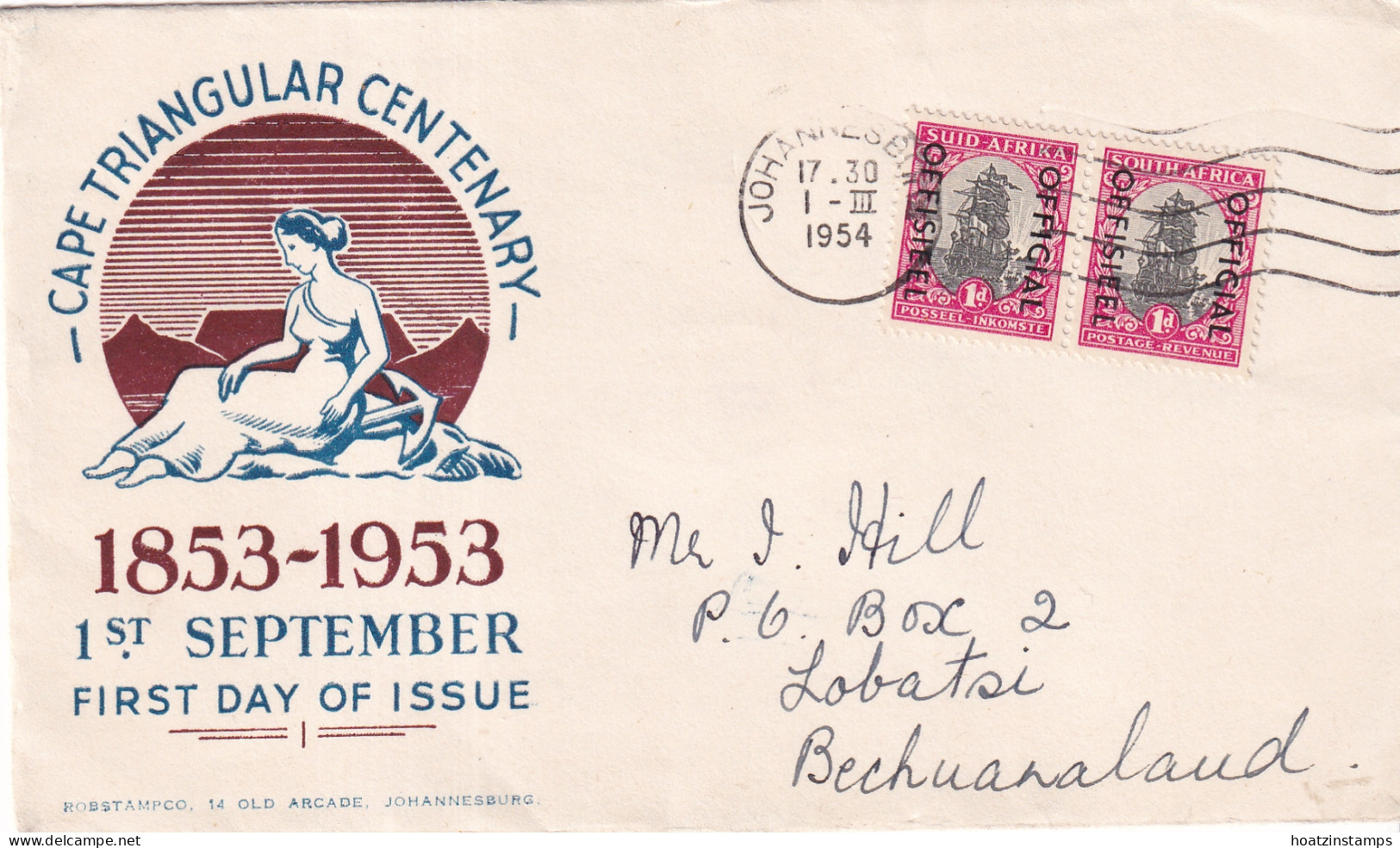 South Africa: 1954   Official - Ship   SG O43    1d   Grey & Carmine  [reduced Size]  Used Cover - Service