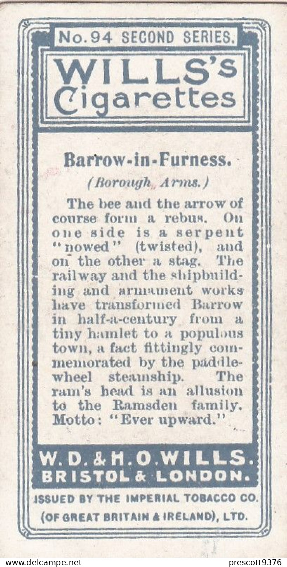 94 BARROW IN FURNESS  - Town Arms 2nd Series 1906 - Wills Cigarette Card - Original  - Antique - Wills