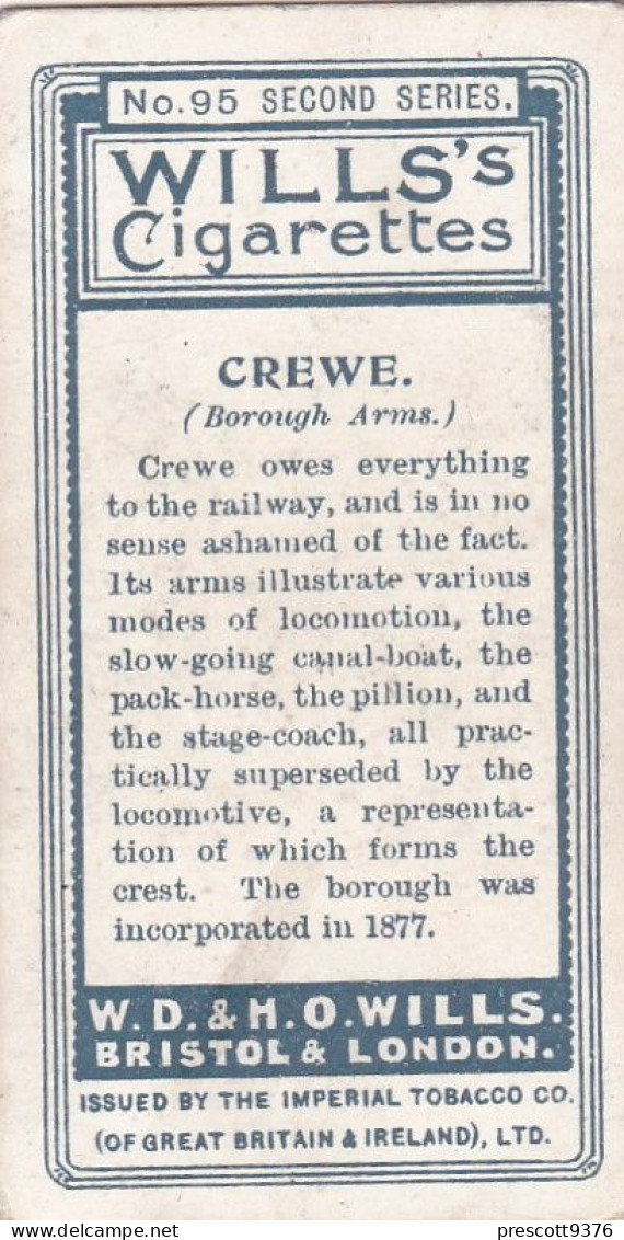 95 CREWE  - Town Arms 2nd Series 1906 - Wills Cigarette Card - Original  - Antique - Wills