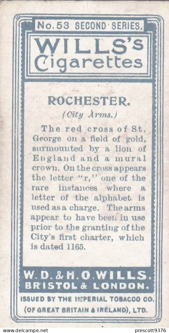 53 ROCHESTER  - Town Arms 2nd Series 1906 - Wills Cigarette Card - Original  - Antique - Wills