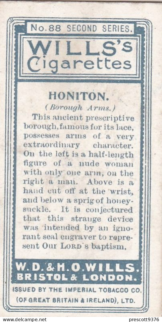 88 HONITON - Town Arms 2nd Series 1906 - Wills Cigarette Card - Original  - Antique - Wills