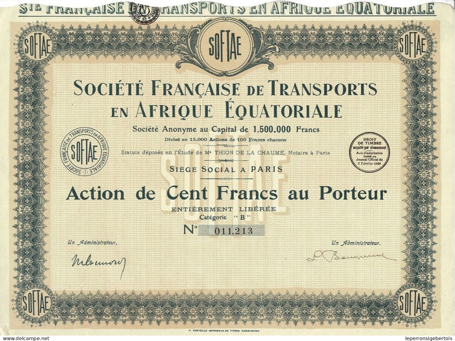 Titre De 1929 - Société Française De Transports En Afrique Equatoriale - - Transport