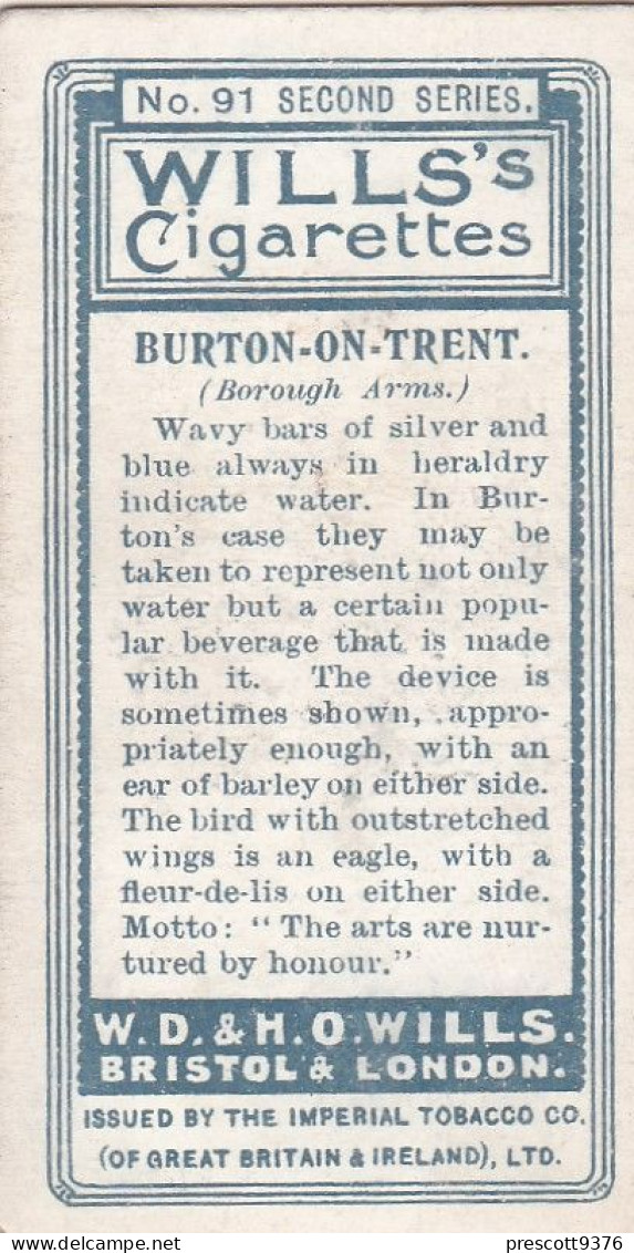91 BURTON ON TRENT - Town Arms 2nd Series 1906 - Wills Cigarette Card - Original  - Antique - Wills