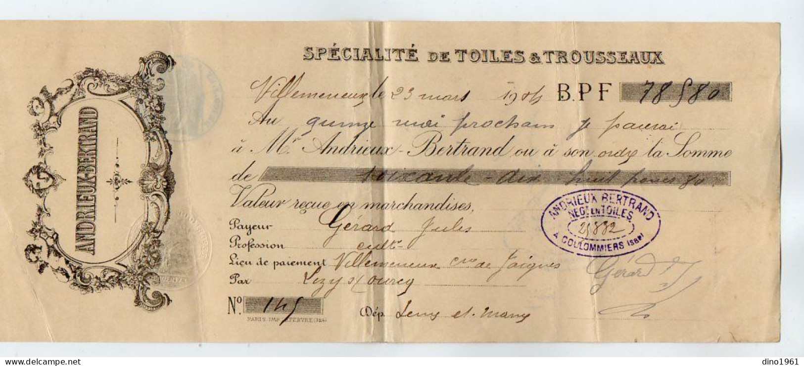 VP22.589 - Lettre De Change - 1914 - Spécialité De Toiles & Trousseaux - ANDRIEUX - BERTRAND à JAIGNES & COULOMMIERS - Letras De Cambio