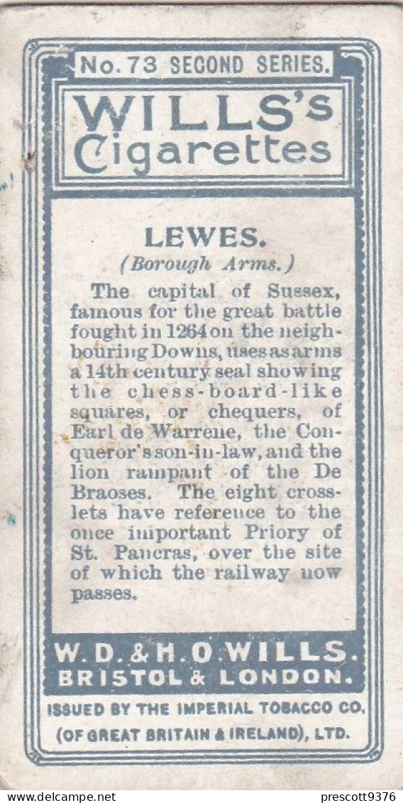 73 LEWES - Town Arms 2nd Series 1906 - Wills Cigarette Card - Original  - Antique - Wills