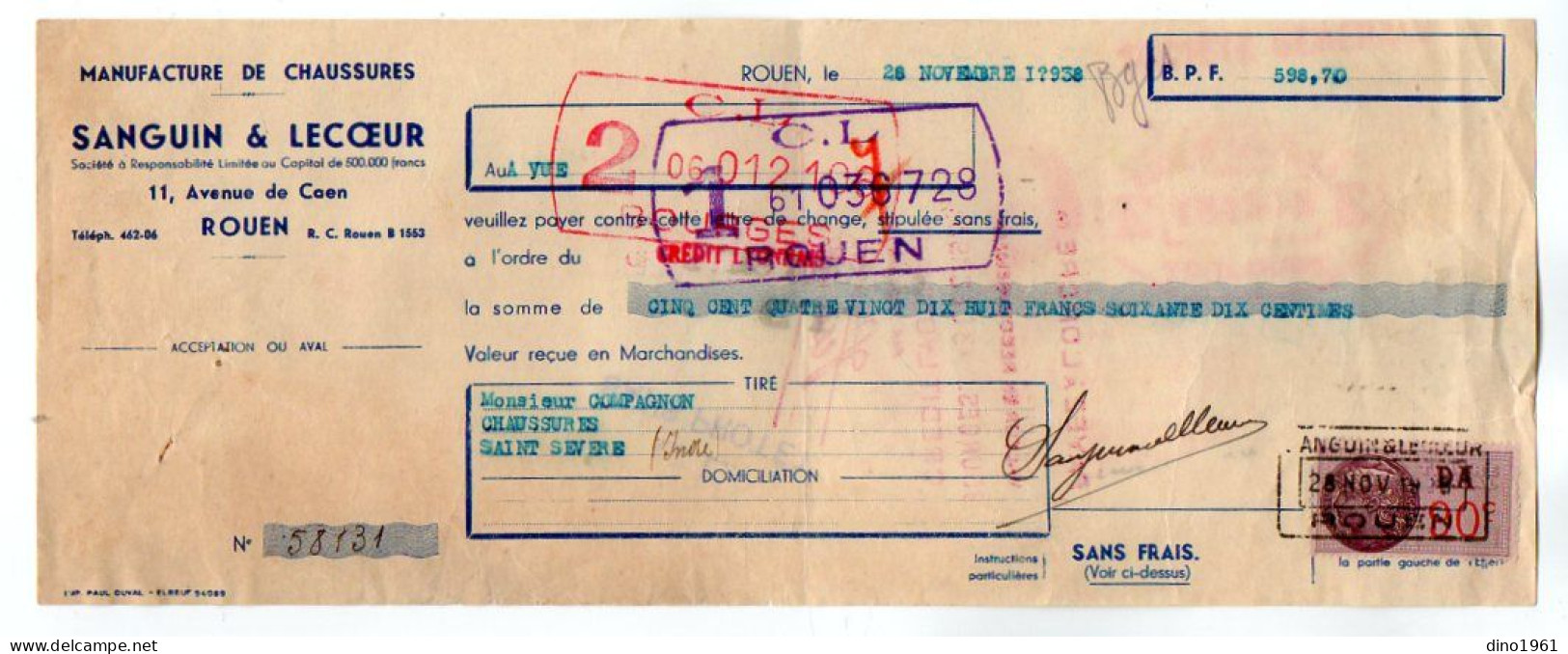 VP22.590 - Lettre De Change - 1938 - Manufacture De Chaussures - SANGUIN & LECOEUR à ROUEN - Wissels