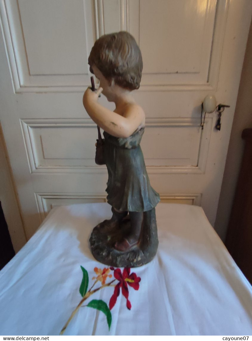 FLAMAND "Jeux D'enfant" Statue Terre Cuite Jeune Fille Au Chariot Et Bassinoire - Plâtre