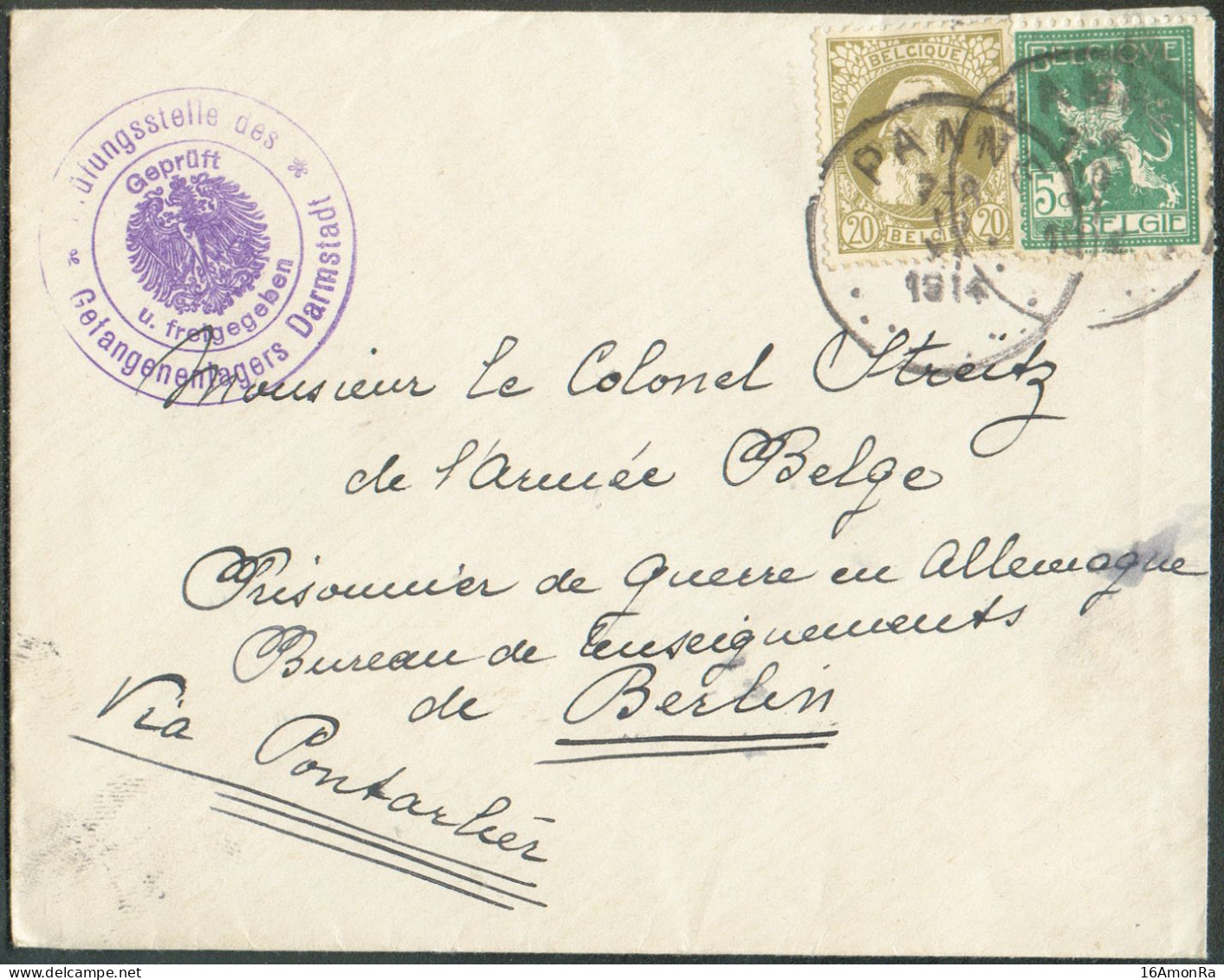 N°75-114 - 20c. GROSSE BARBE + 5c. PELLENS Obl. Sc PANNE Sur Enveloppe Du 10-XI-1914 + Dc Violet Aigle Prüfungsstelle De - Prisonniers