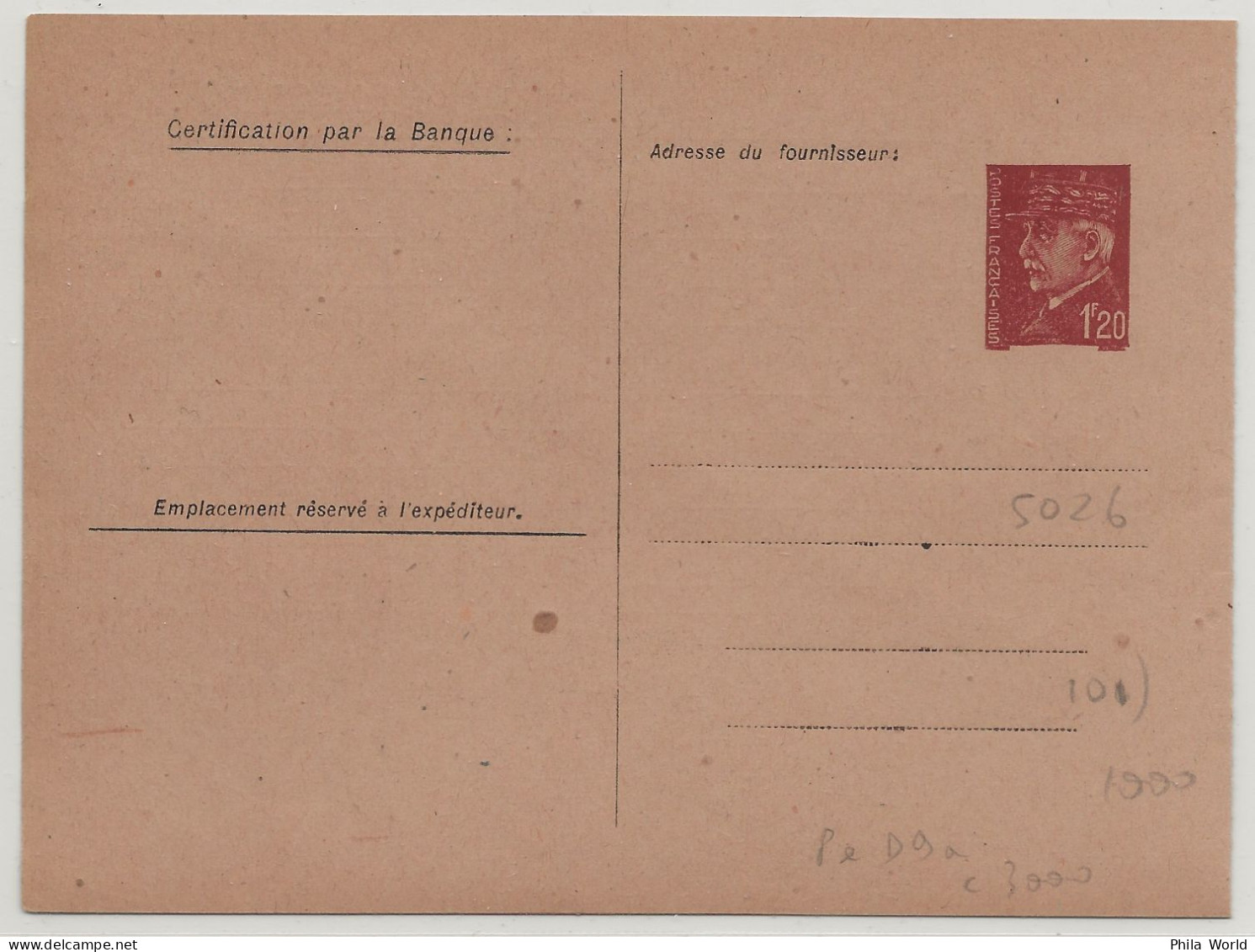 WW2 - Entier Postal 1,20 F PETAIN D9 A Avec Fiche Comptable Cheque Points Carte Postale Service Postal Stationery - WW2