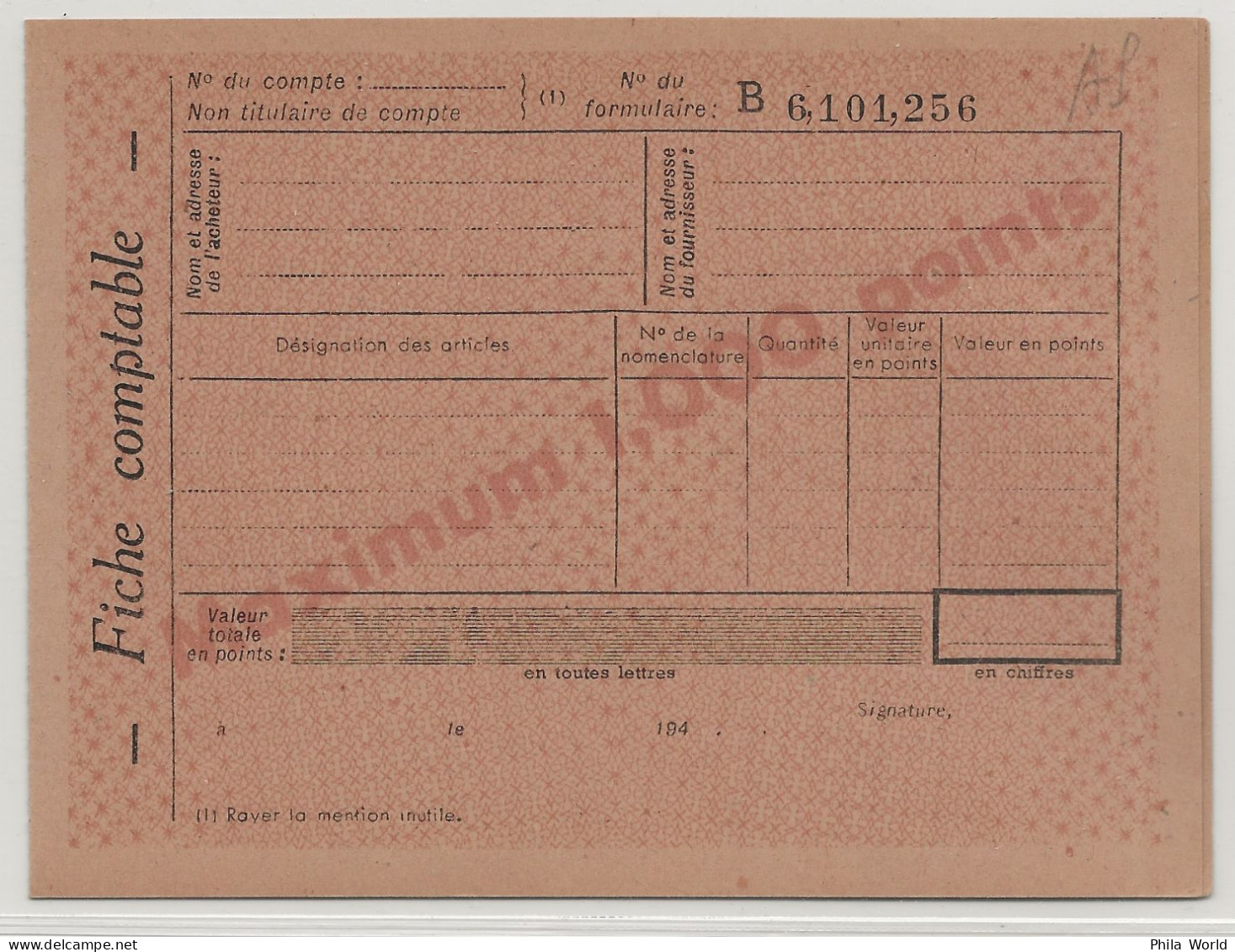 WW2 - Entier Postal 1,20 F PETAIN D9 A Avec Fiche Comptable Cheque Points Carte Postale Service Postal Stationery - WO2