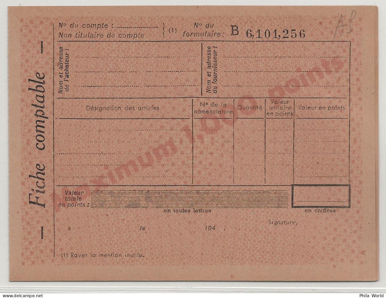 WW2 - Entier Postal 1,20 F PETAIN D9 A Avec Fiche Comptable Cheque Points Carte Postale Service Postal Stationery - WW2