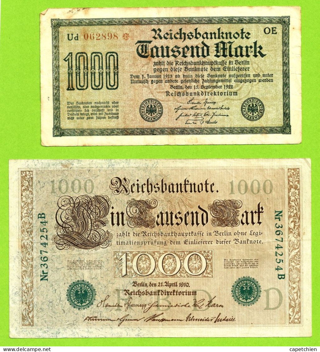 ALLEMAGNE / 2 VIEUX BILLETS DE 1.000 MARK / 1910 Et 1922 / ETAT MOYEN - 1000 Mark