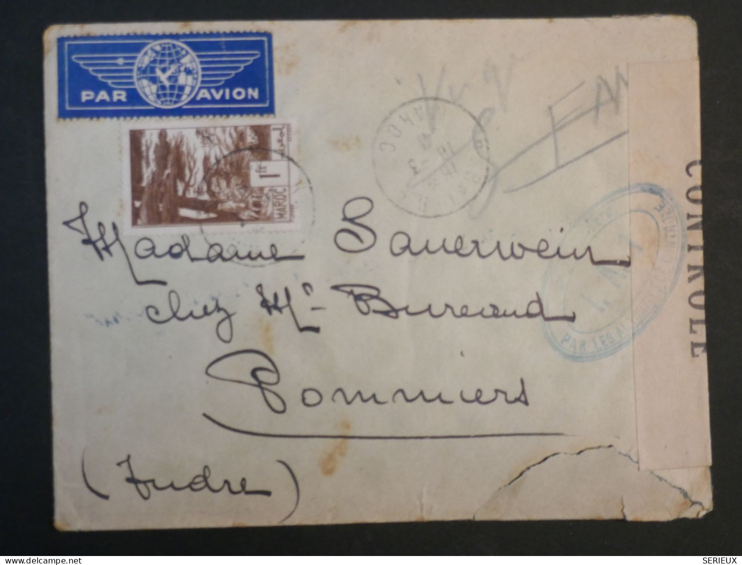S31  MAROC BELLE  LETTRE CENSUREE 1940  RABAT A POMMIERS FRANCE +SURCHARGE ROUGE +AFF. INTERESSANT+ + - Covers & Documents