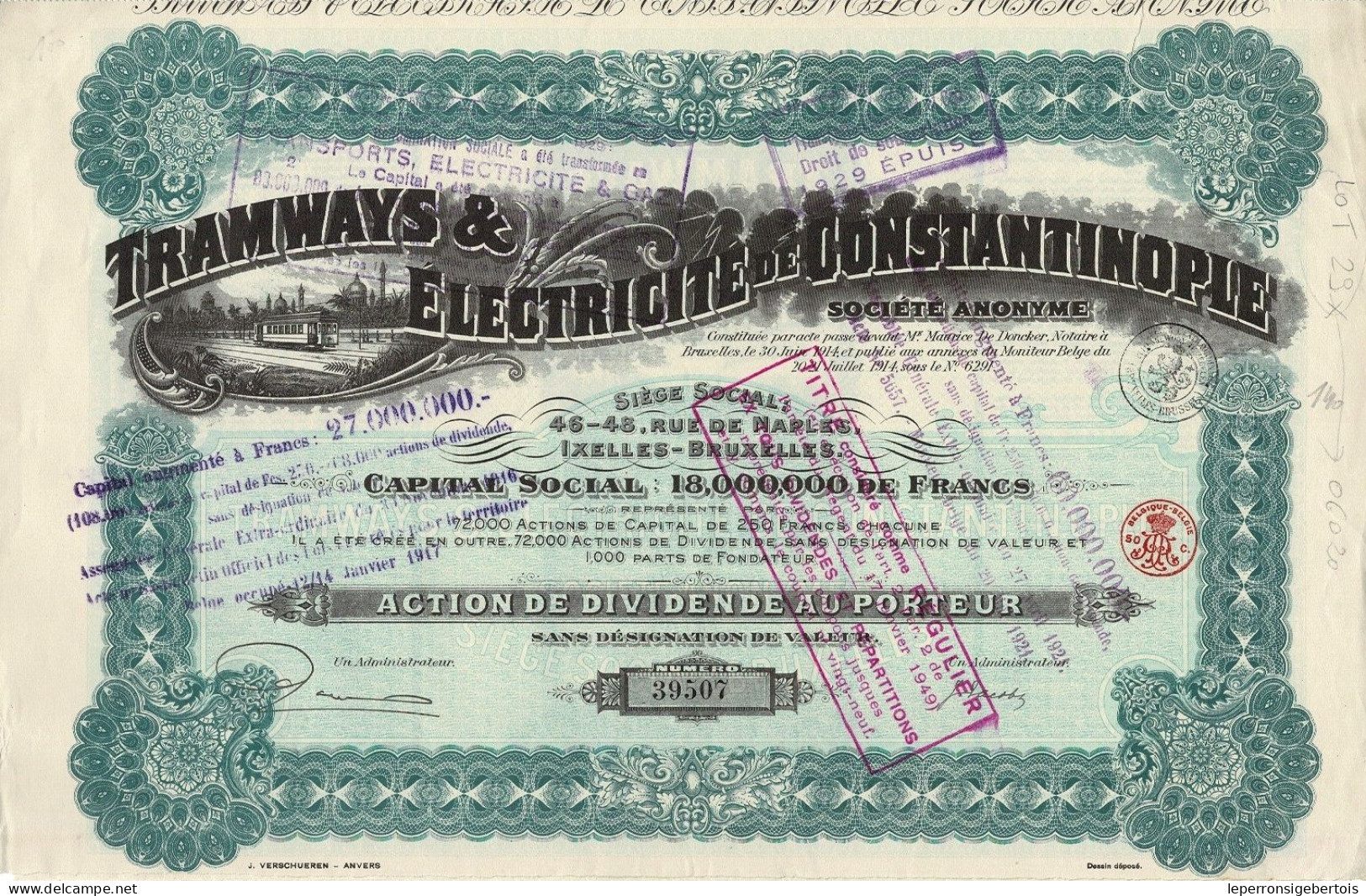 - Titre De 1914- Tramways & Electricité De Constantinople - N° 39507 - Déco - Chemin De Fer & Tramway