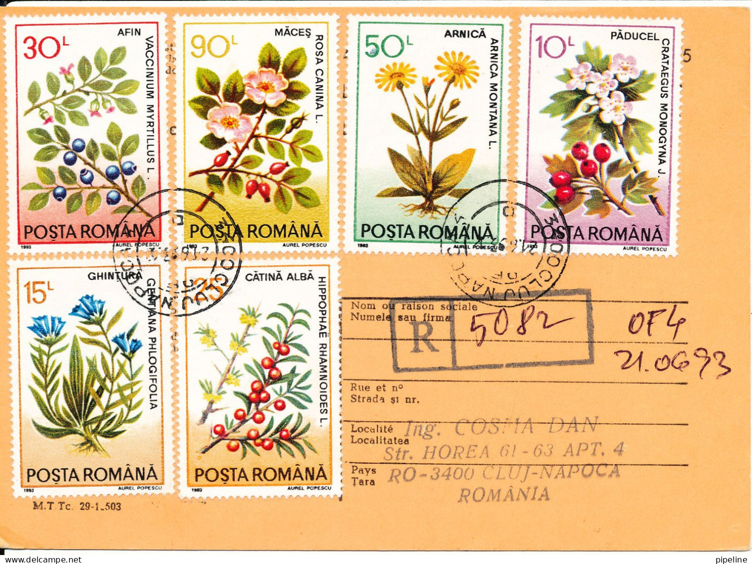 Romania Card Registered 21-6-1993 Topic Stamps Complete Set Of 6 FLOWERS - Cartas & Documentos