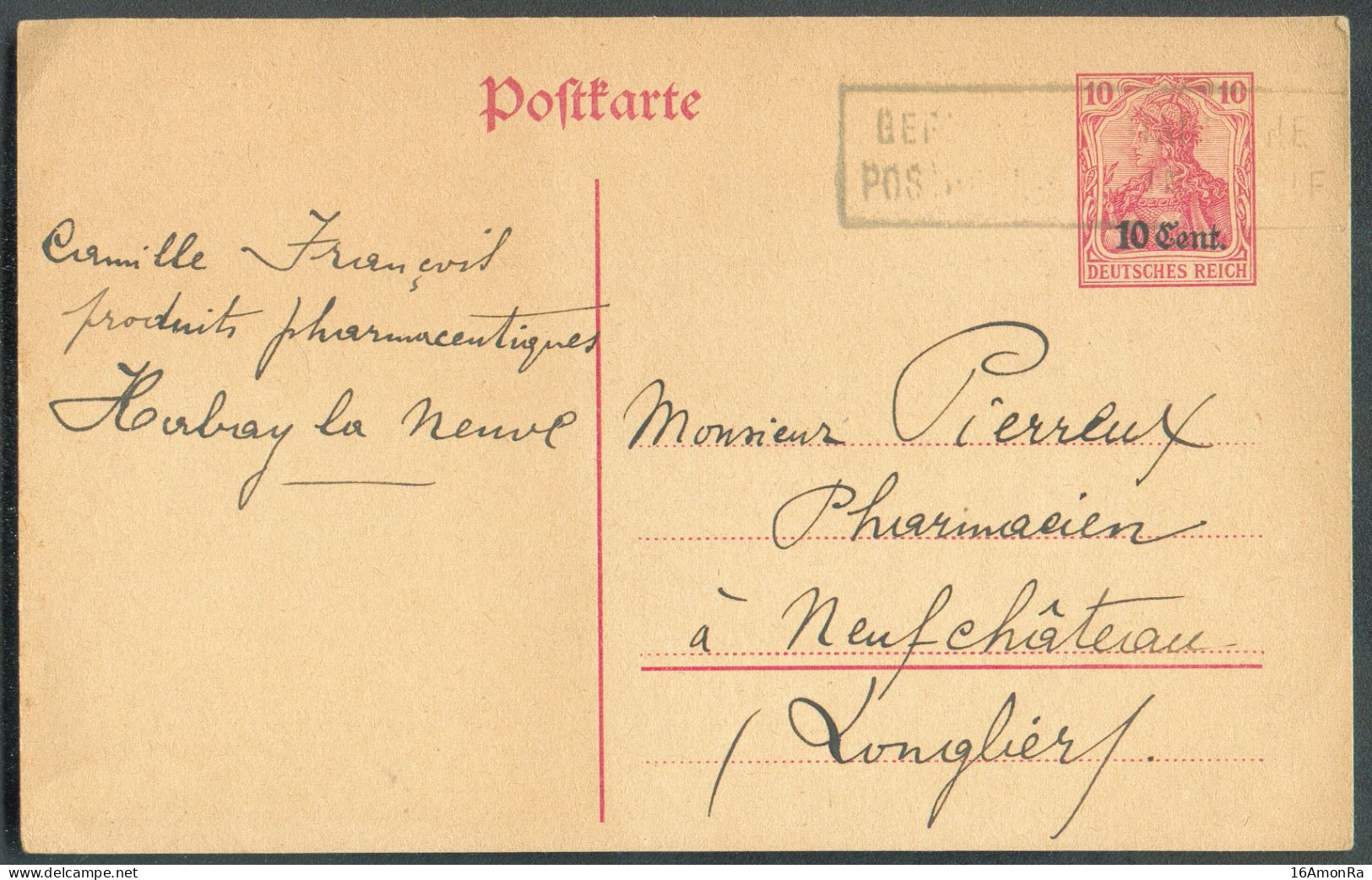 E.P. Carte 10 Cent. S/10pfg. écrite D'HABAY-la-NEUVE Le 14/04/1917 Annulé Par La Griffe GEPRÜFT MILITÄRISCHE POSTÜBERWAC - OC26/37 Zonas Iniciales