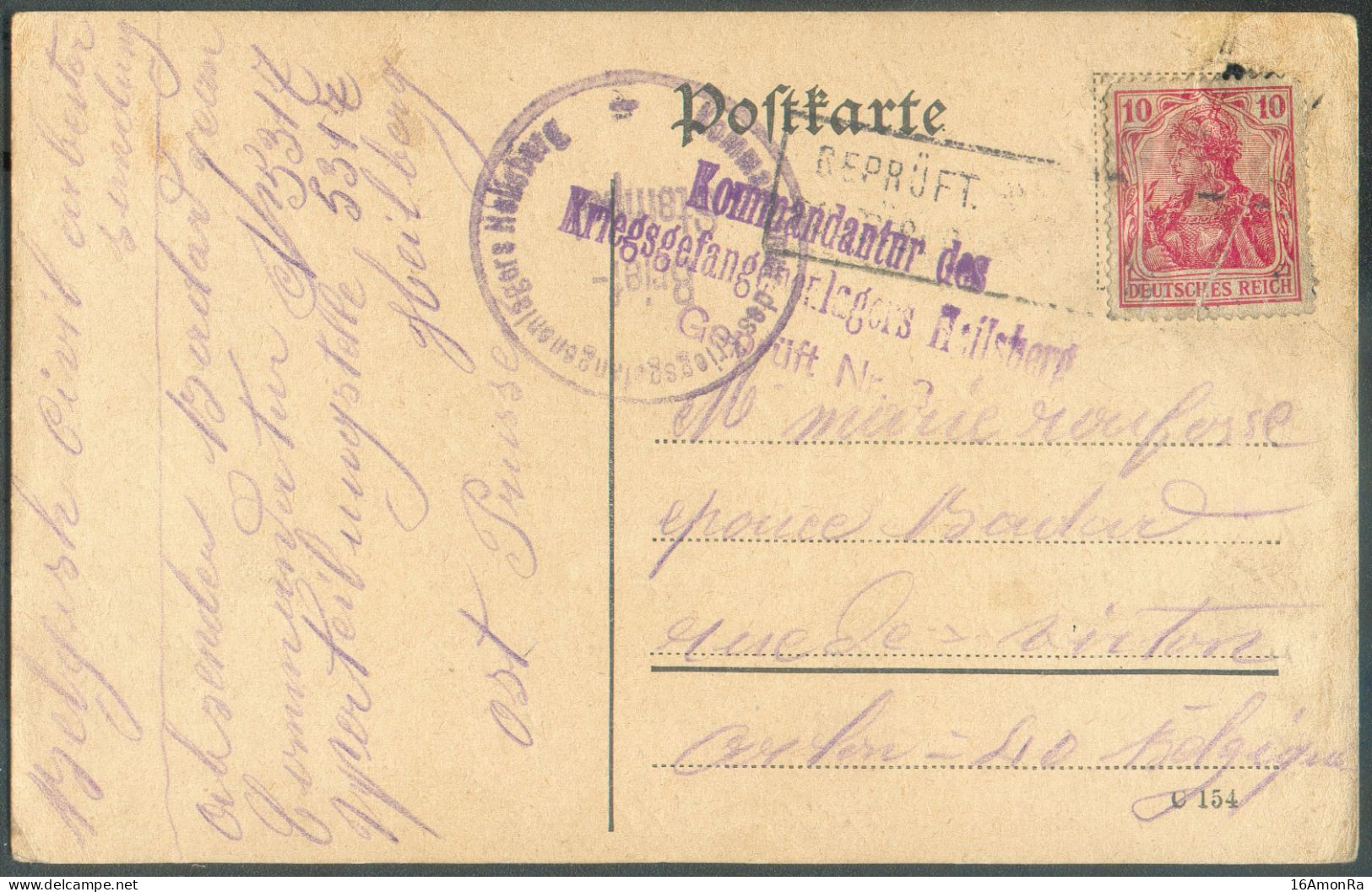 Germania 10pfg Annulé Par La Griffe Enc. GEPRÜFT POSTÜBERWACHUNGSSTELLE Sur Carte écrite Du CAMP D'HEILSBERG Le 14 Févri - OC26/37 Territoire Des Etapes