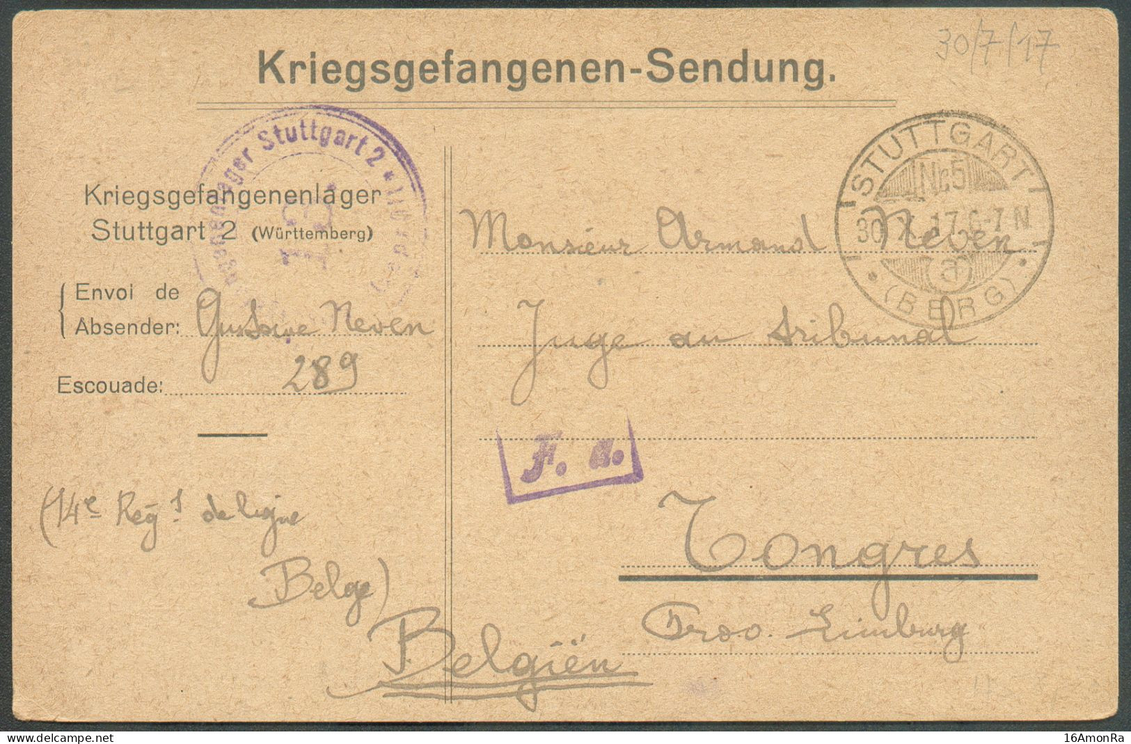 Carte Pour Prisonniers De Guerre Du CAMP Dc STUTTGART 2 30.10.17 Vers Tongres + Griffe Violette F.a. Et Dc Kriegsgefange - Prisonniers