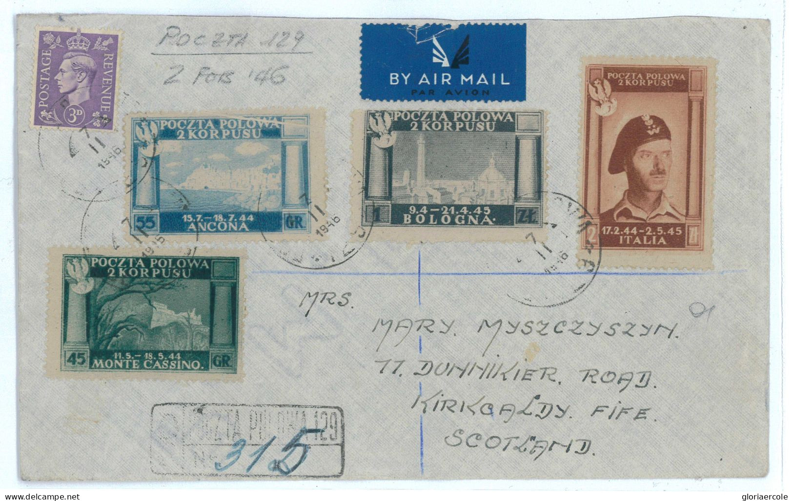 P2510 - ITALIA CORPO POLACCO  MIXED WITH GB STAMP. POSTA POLOWA 129 CANCELLATION ON REGISTERED LETTER TO SCOTLAND - 1946-47 Corpo Polacco