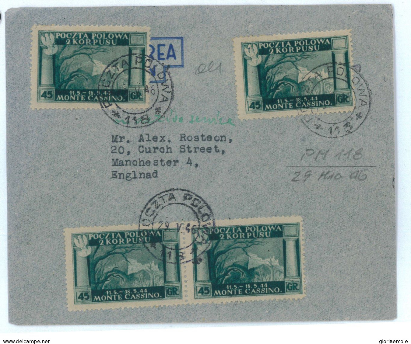 P2511 - ITALIA CORPO LOACCO , POCZTA  POLOWA NR. 118, 2,25 ZT RATE ON COVER TO ENGLAND POLISH FORCES IN ITALY!! - 1946-47 Corpo Polacco Periode