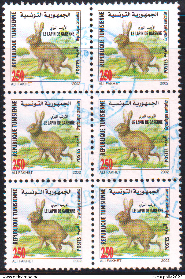 2002 -Tunisie/Y&T1451 Animaux Sauvages   Tunisie- Lapin De Garenne Bloc De 6 Oblis - Lapins