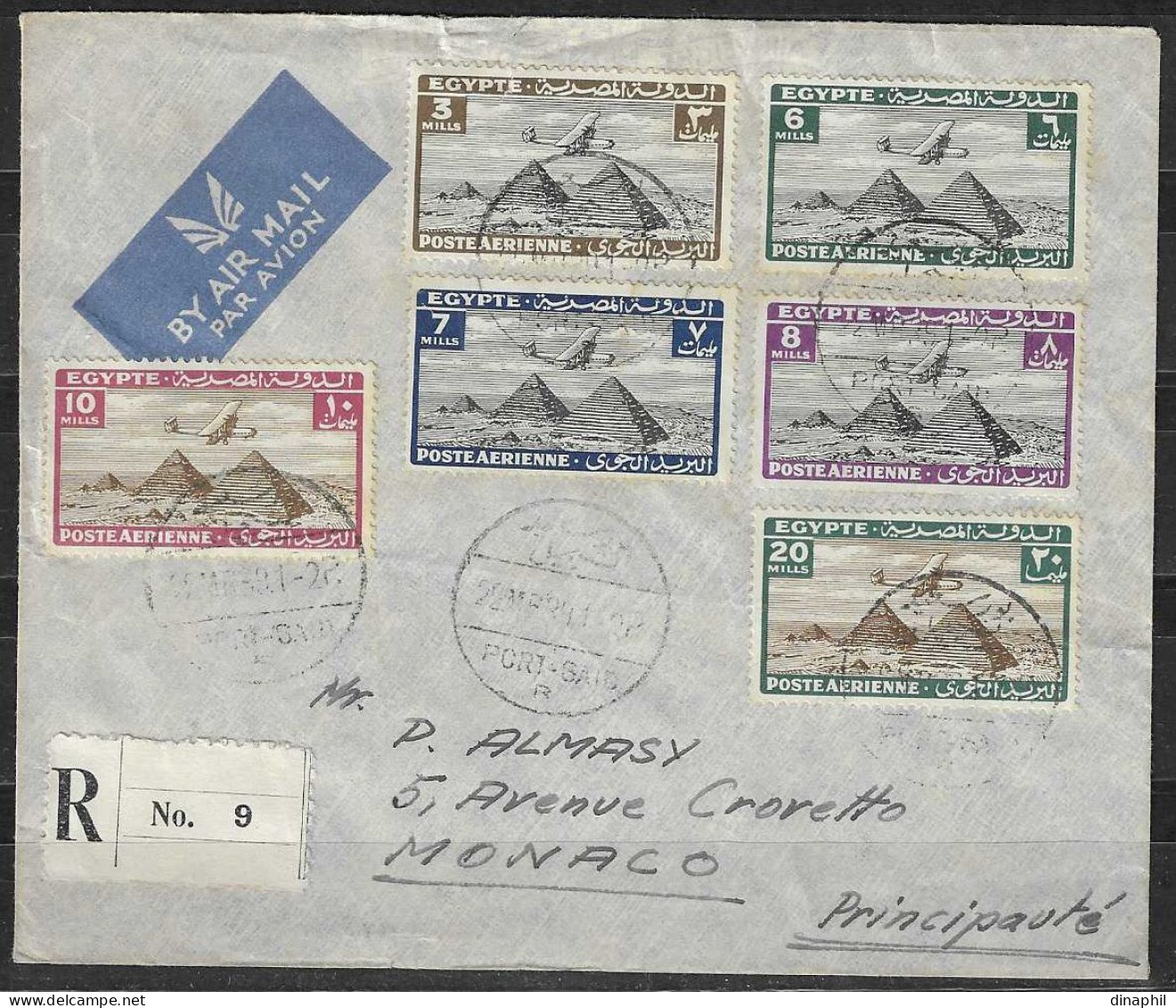 1939 - Lettre Recommandée Par Avion De Port-Saïd à Destination De Monaco - Aéreo