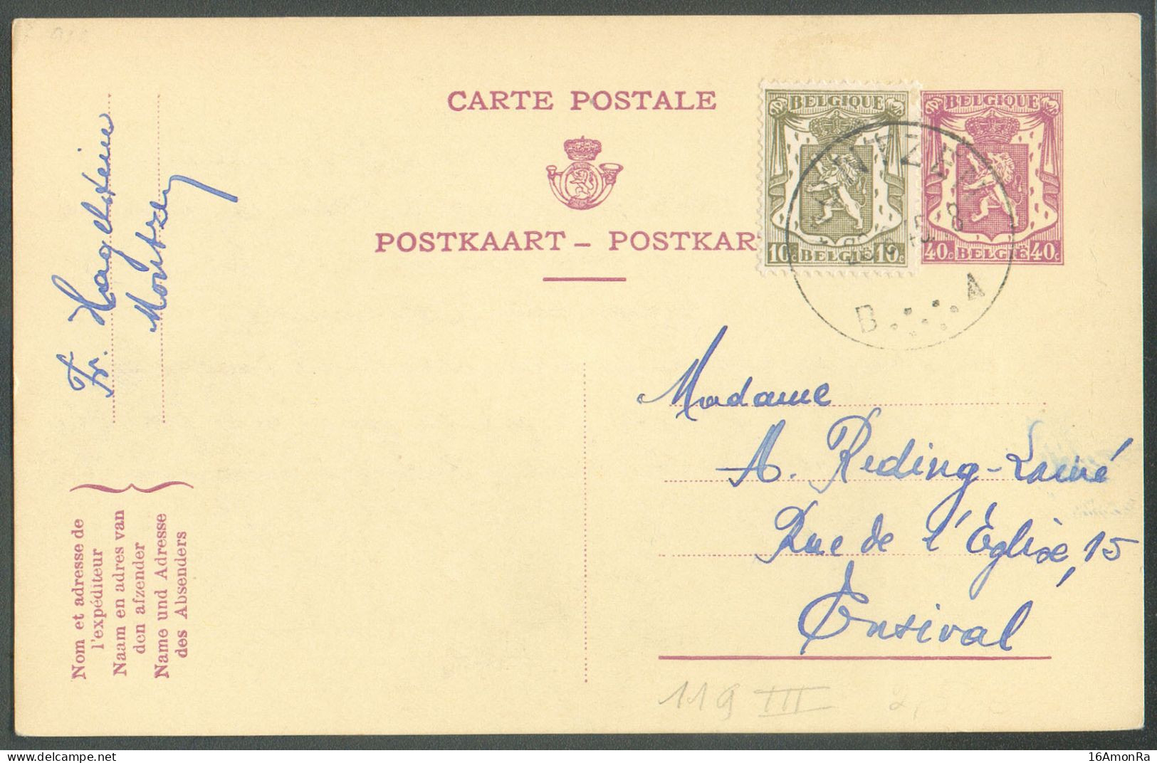 CANTONS De L'EST - E.P. Carte 40c. + Tp Lion Sceau De L'Etat 10c. Obl; Sc MONTZEN 29-6-1945 Vers Ensival.  -  18962 LJ - Postcards 1934-1951