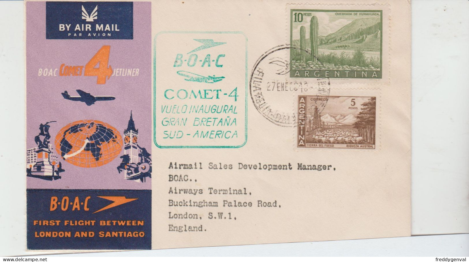 BOAC  ENVELOPPE CACHET VOL INAUGURAL ANGLETERRE AMERIQUE DU SUD - Regno Unito