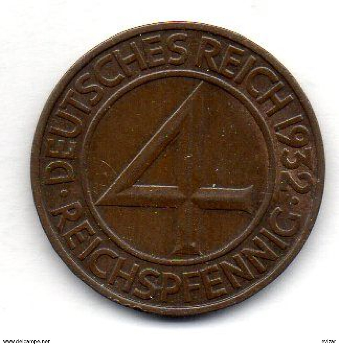 GERMANY - WEIMAR REPUBLIC, 4 Reichs Pfennig, Bronze, Year 1932-F, KM # 75 - 4 Reichspfennig