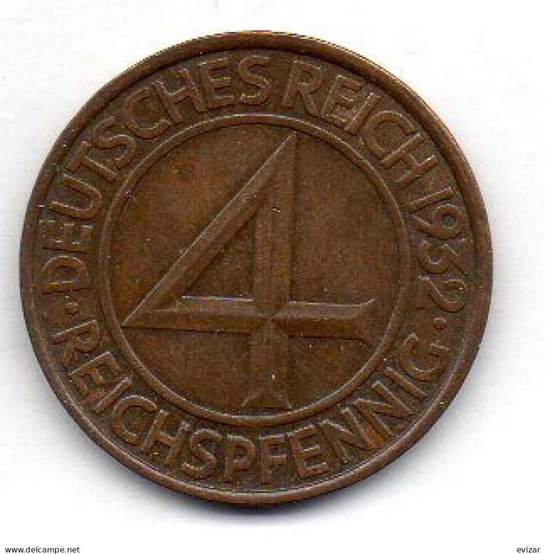 GERMANY - WEIMAR REPUBLIC, 4 Reichs Pfennig, Bronze, Year 1932-G, KM # 75 - 4 Reichspfennig