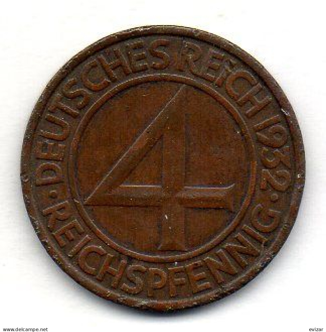 GERMANY - WEIMAR REPUBLIC, 4 Reichs Pfennig, Bronze, Year 1932-J, KM # 75 - 4 Reichspfennig