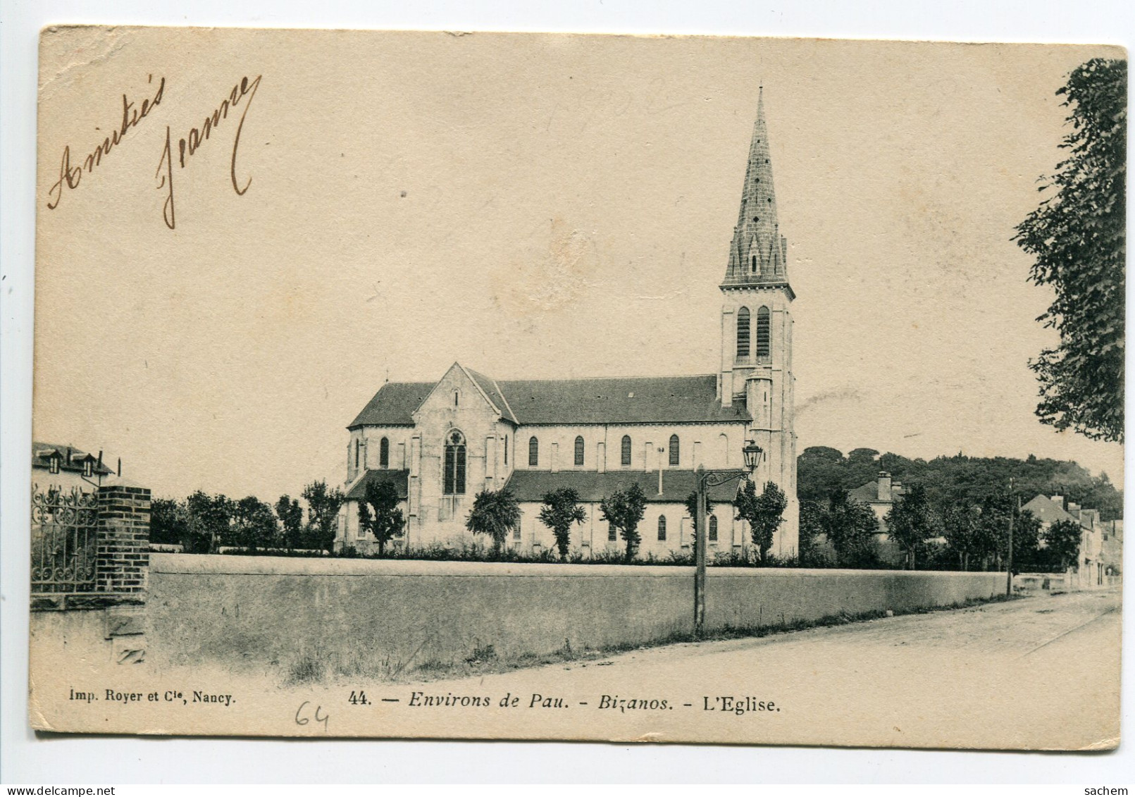 64 BIZANOS L'Eglise Du Village No 44 Imp Royer  1903 écrite Timbrée Dos Non Divisé  D02 2019  - Bizanos