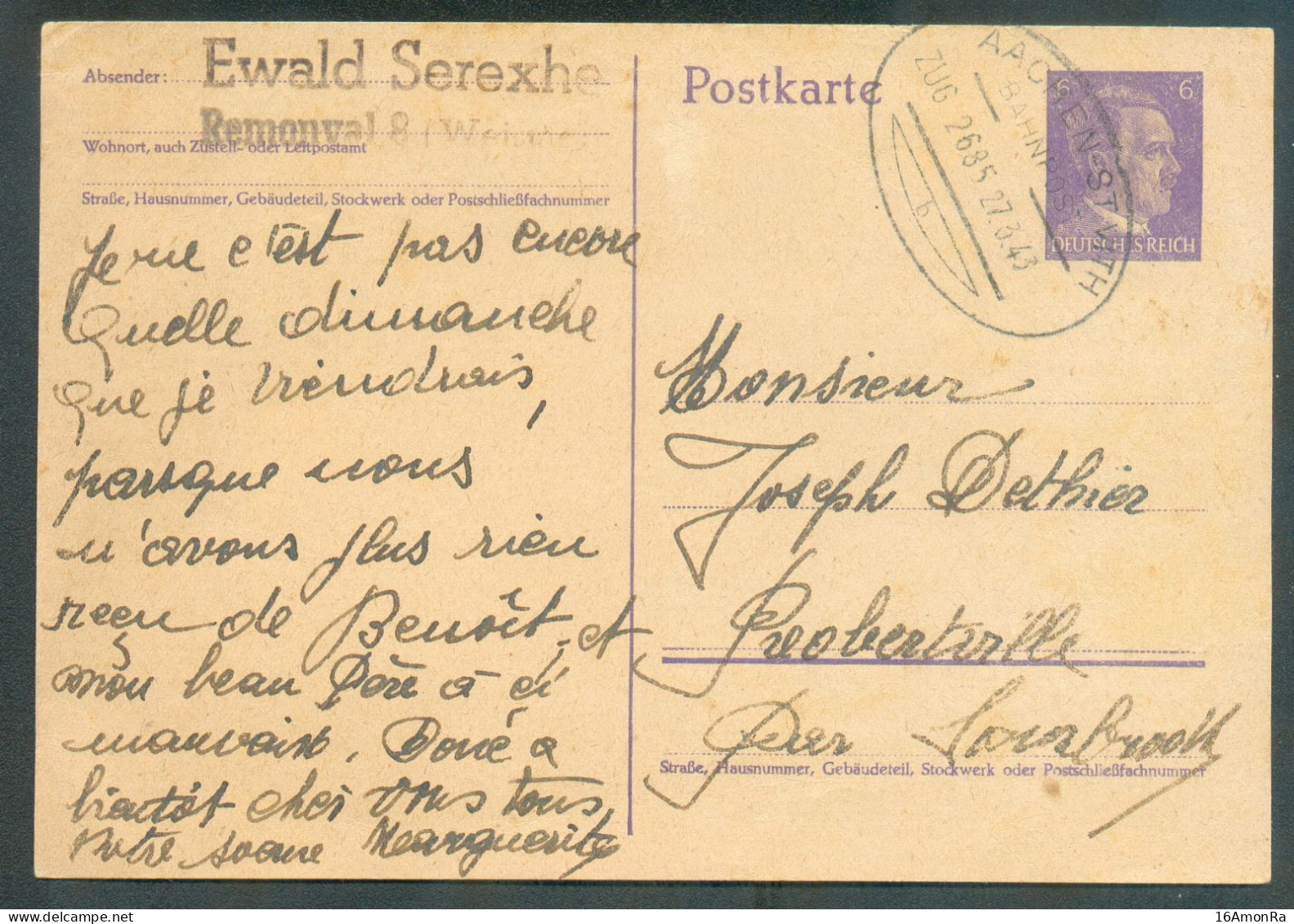 Canton De L'EST E.P. 6pfg Hitler Obl. Ovale AACHEN-St VITH Bahnhof ZUG 2685 Le 27.3.1943 Vers Robertville (SOURBRODT)  - - Bahnpoststempel