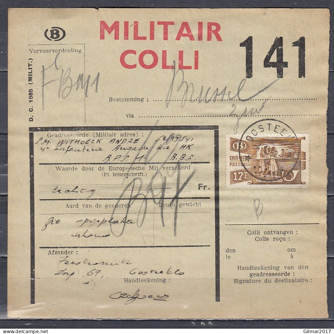 Vrachtbrief Met Sterstempel OOSTEEKLOO Militair Colli - Documents & Fragments